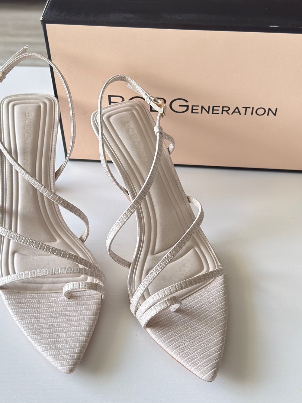 NEW IN BOX! BCBGeneration Stone Beige Strappy Heels Sandals